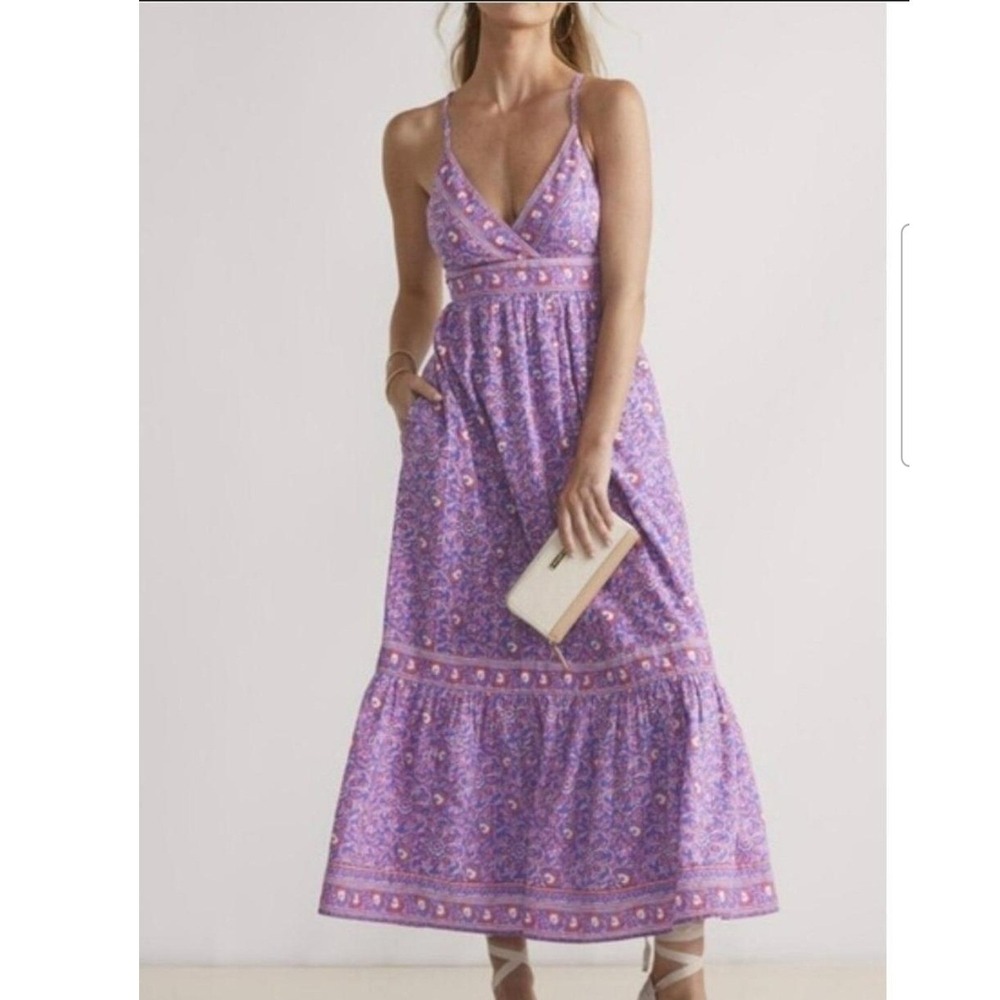 Vineyard Vines Purple Floral Block Print Tiered Maxi Dress Open Back Boho